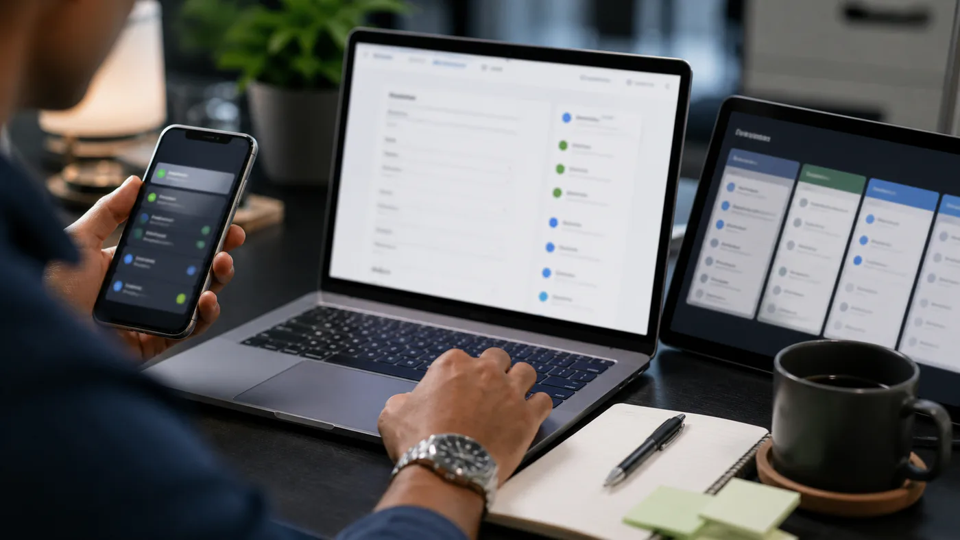 Lead capture and CRM screens across laptop, tablet, and phone