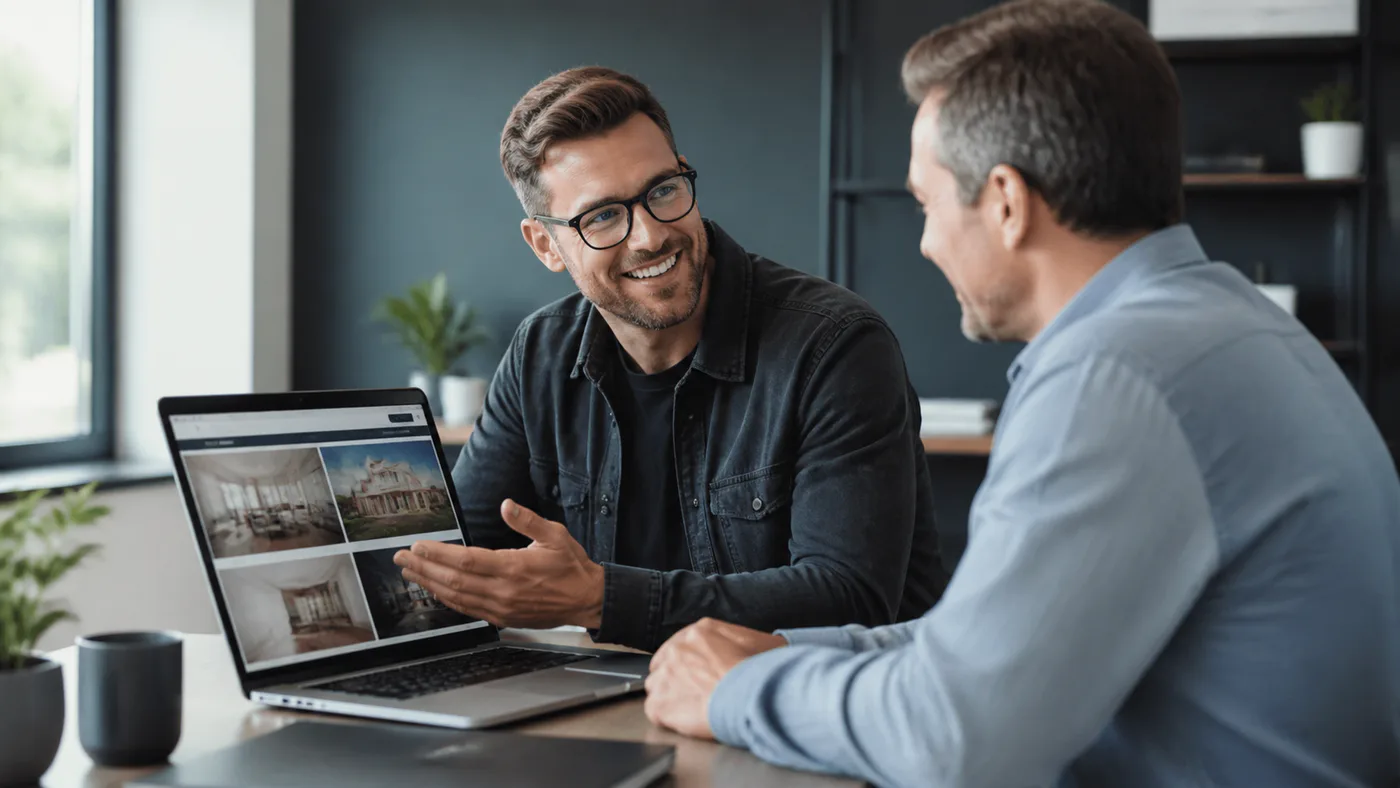 Business owner showing a professional proof-of-work website to a client