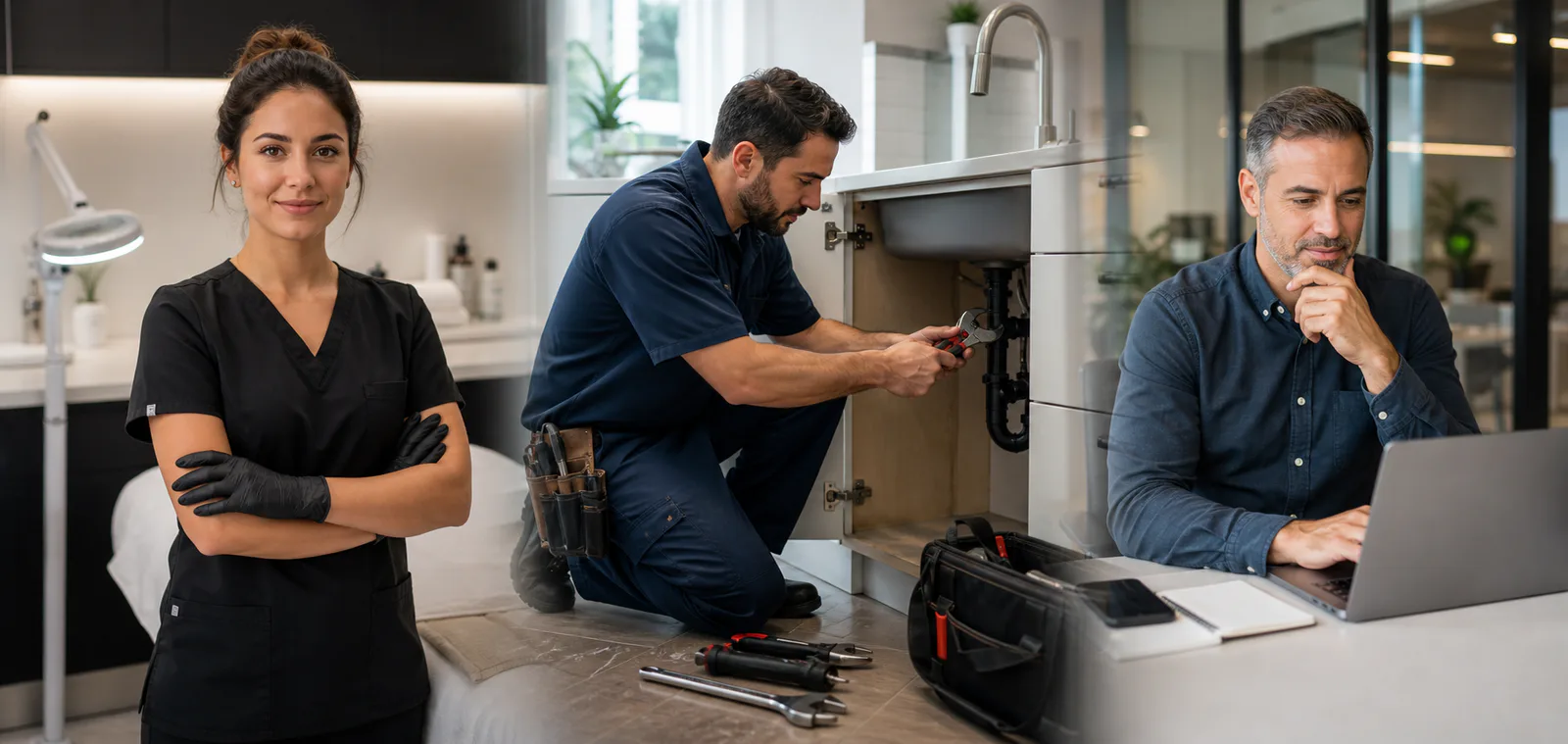 A med spa professional, a residential plumber, and a professional service business owner at work